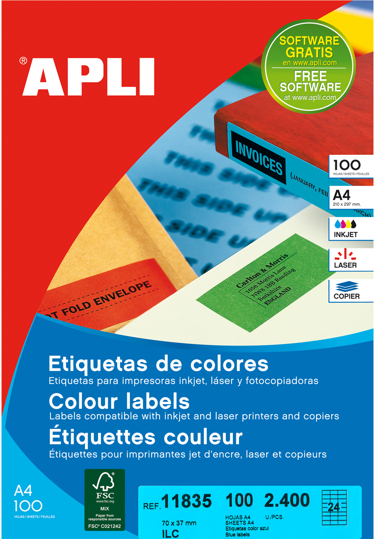 Apli Etiquetas Azules Permanentes 70x37 mm. 100 Hojas A4