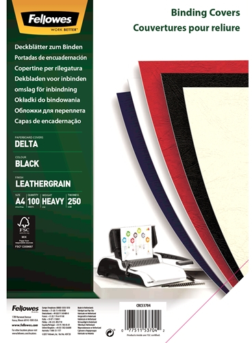Fellowes Pack de 100 Portadas de Carton Simil Piel Delta Cuero A4, 250 gr, Negro