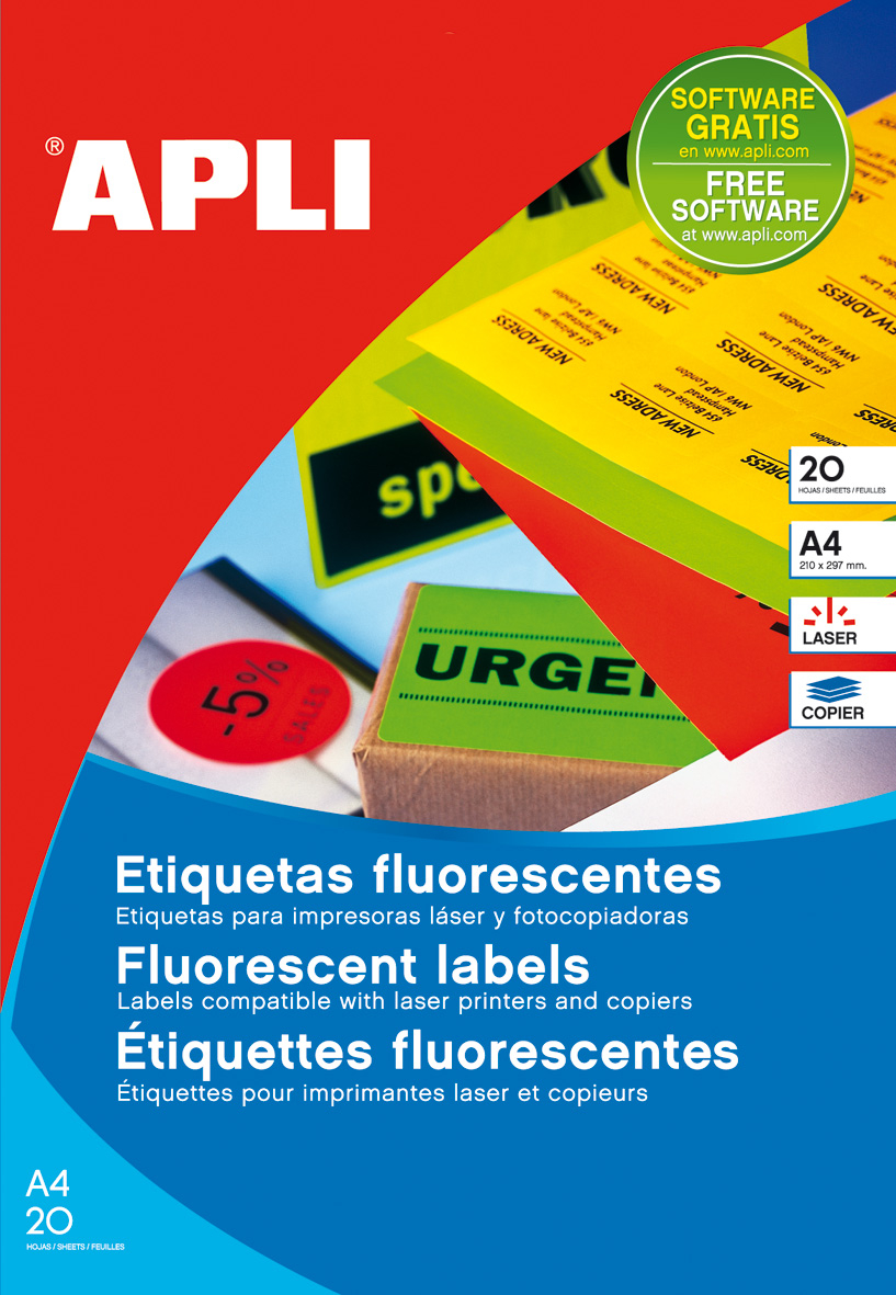 Apli Etiquetas Rojo Fluorescente Permanentes 99.1x67.7 mm. 20 Hojas A4