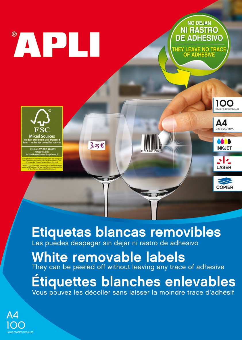 Apli Etiquetas Blancas Removibles 97x42.4 mm. 100 Hojas A4
