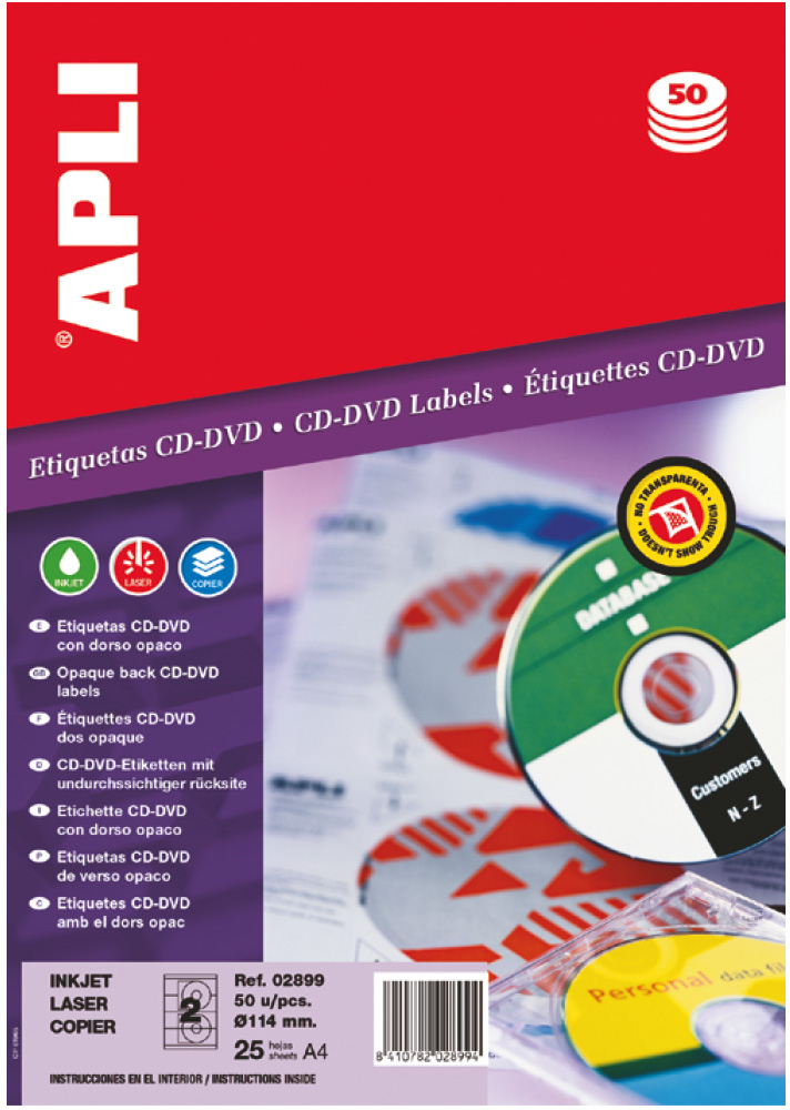 Apli Etiquetas CD/DVD Permanentes Clasico Dorso Opaco 25 Hojas I/L/C