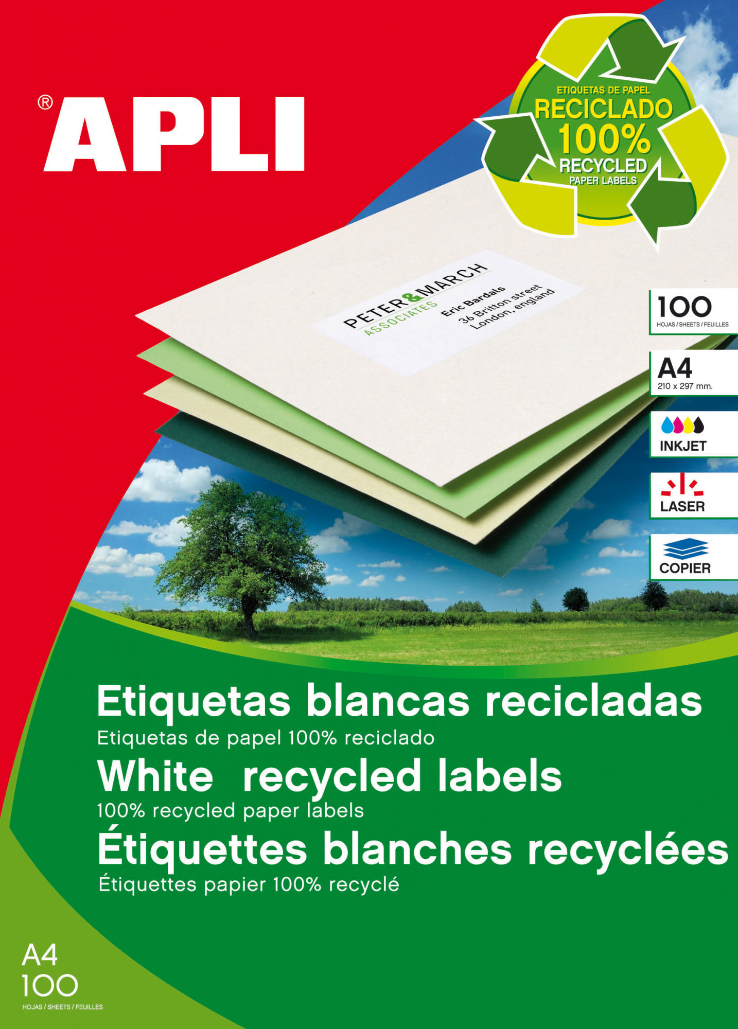 Apli Etiquetas Permanentes Recicladas 70x35.0mm. 100 Hojas A4