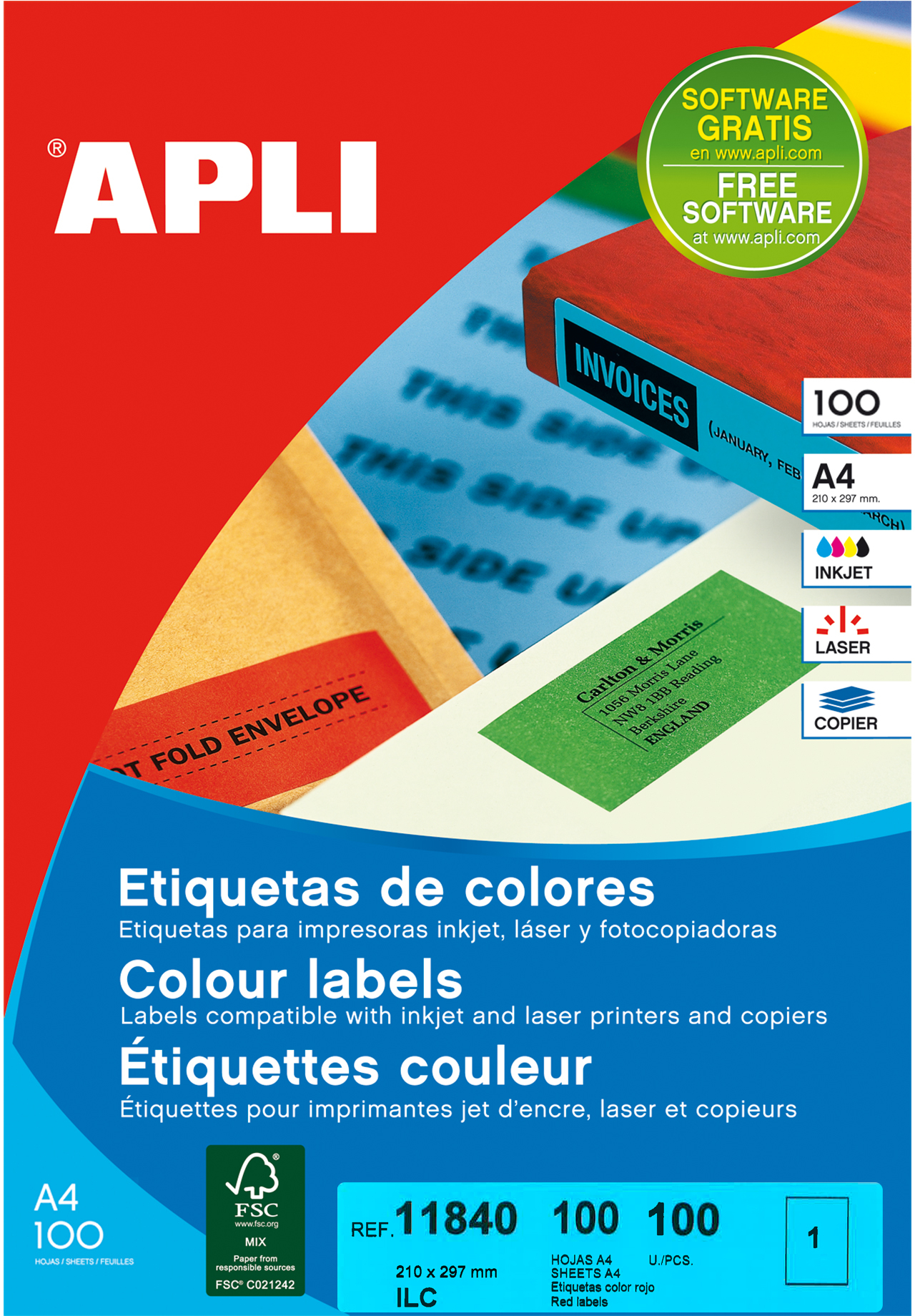 Apli Etiquetas Rojas Permanentes 210.0x297 mm. 100 Hojas A4