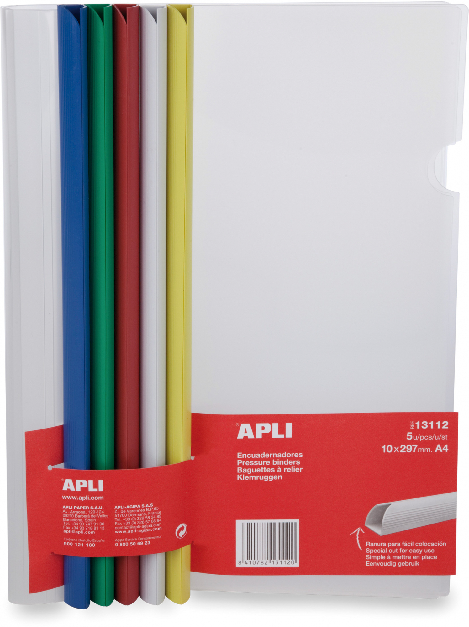 Apli Encuadernadores Deslizantes en Colores Surtidos 10x297mm con Funda Transparente Ranura para Facil Insercion de Hojas Pack d