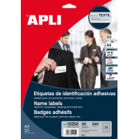 Apli Etiquetas Textiles de Identificacion Adhesivas con Cantos Romos, 63.5x29.6mm, Adhesivo Removible. 20 Hojas A4