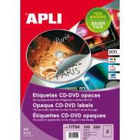 Apli Etiquetas CD/DVD Permanentes Mega Dorso Opaco 100 Hojas I/L/C